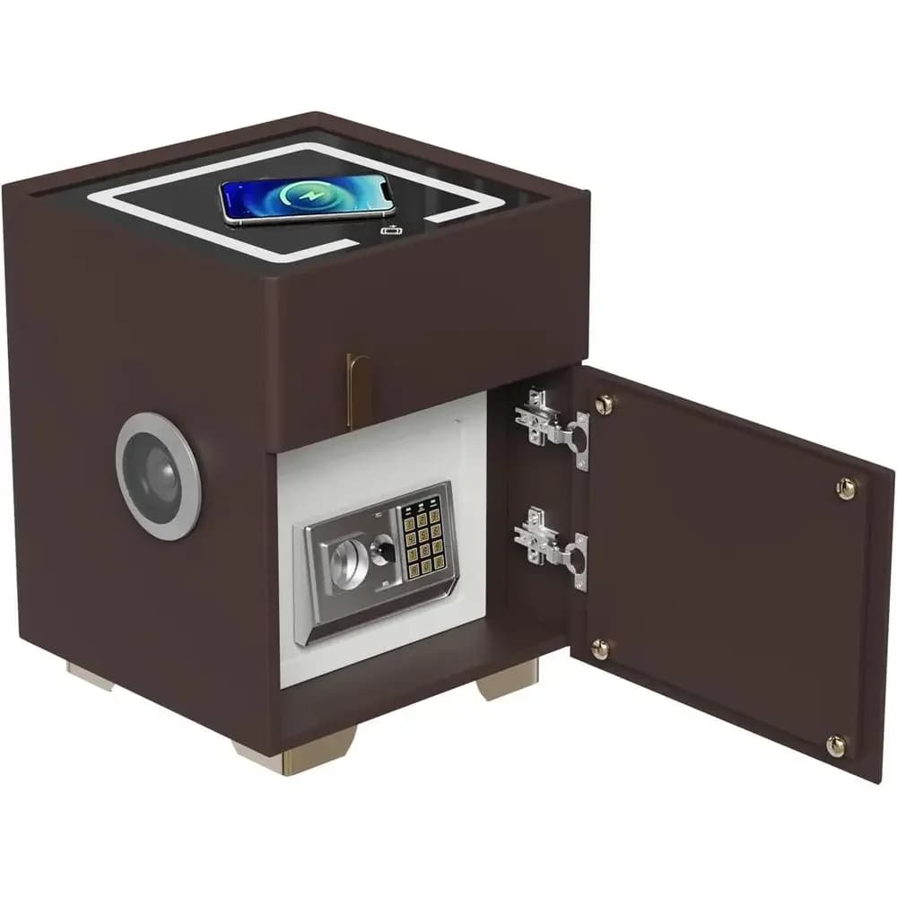 Comodino con Altoparlante Bluetooth, Luce LED e Ricarica Wireless con Cassetti per Camera da Letto o Ufficio in Marrone