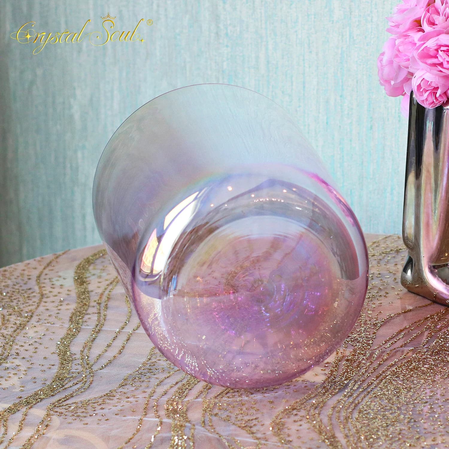 CrystalSoul 432Hz Romantic Girly Pink Aurora Gradient Clear Alchemy Crystal Singing Bowl with accessories