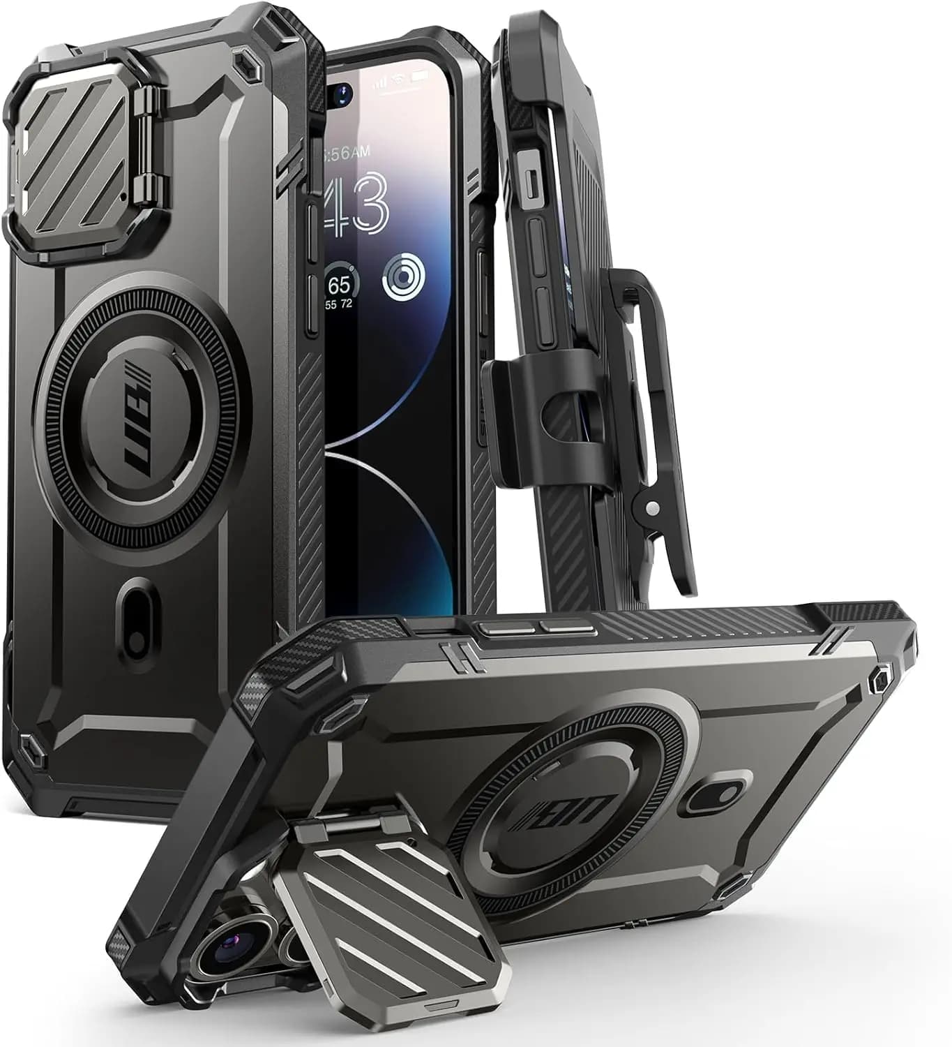 Custodia Magnetica Rinforzata per Telefono con Copriobiettivo, Supporto e Clip da Cintura per iPhone 14 Pro Max/13 Pro Max