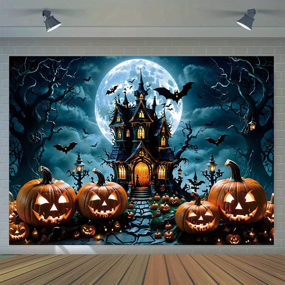 Decorative Arts Halloween Background Curtains - Ghost Night Castle and Pumpkin Lantern Pumpkin Wall Hanging