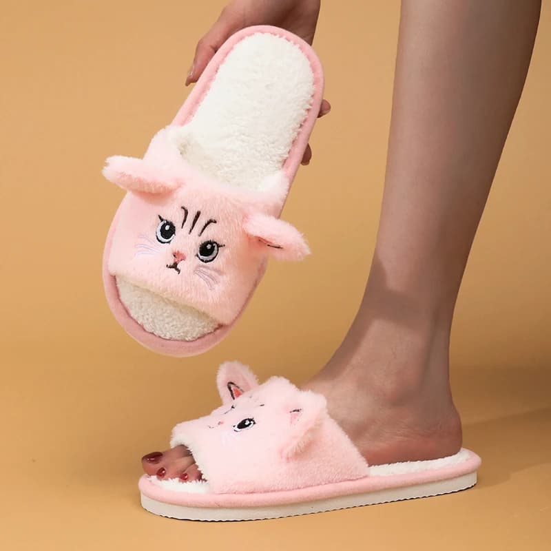 Cute Cat Plush Slippers for Women Cartoon Animal Open Toe Soft Sole Indoor Home Slides Woman Comfy Non Slip Fluffy Flat Slippers