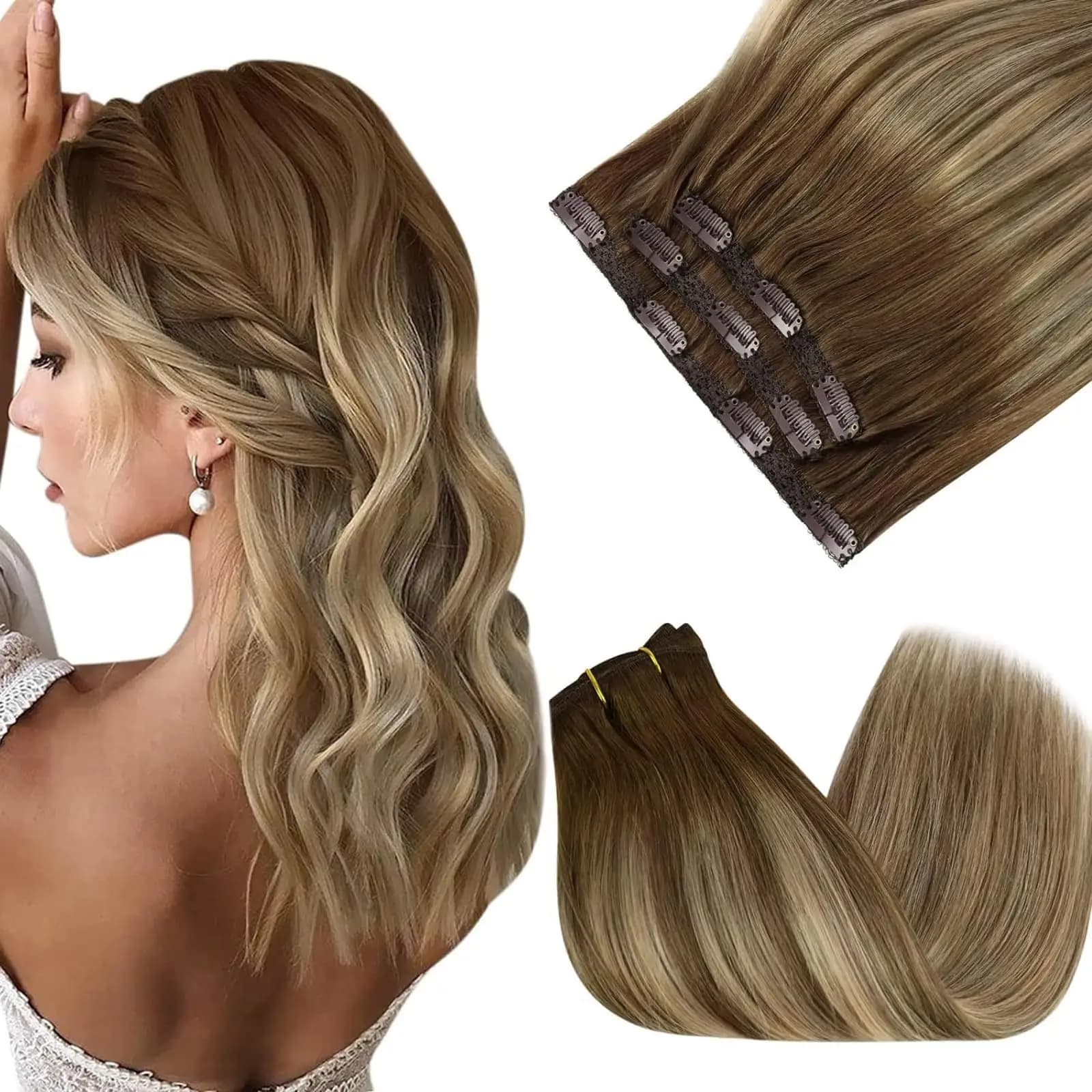 7 Pieces Clip In Extensions Human Hair 24inch #1B/60 Black With Platinum Blonde Streaks