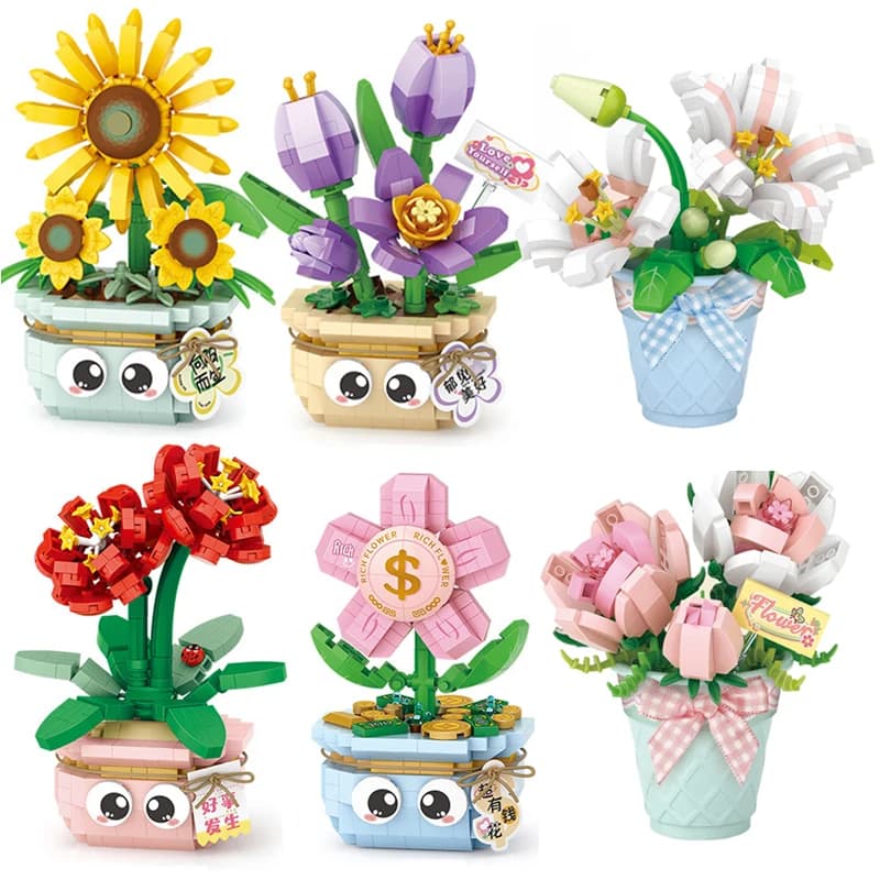 Flower building blocks in pot simulation DIY Bouquet plants assembly adult bricks and kids assembly toys gifts