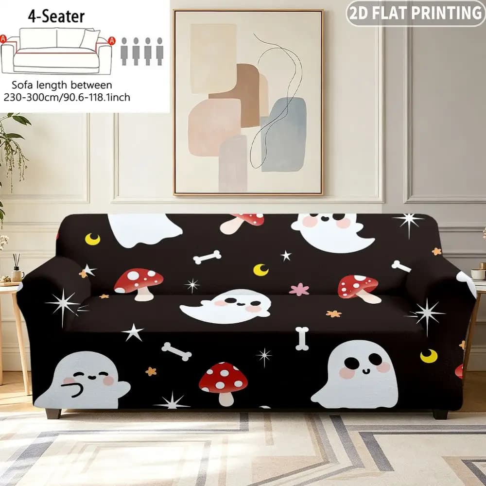 1pc Elastic Sofa Cover Cute Ghosts Mushrooms Bones Stars, Easy to Install, Ideal for Single/ Double/ Three / Four-Person Sofa