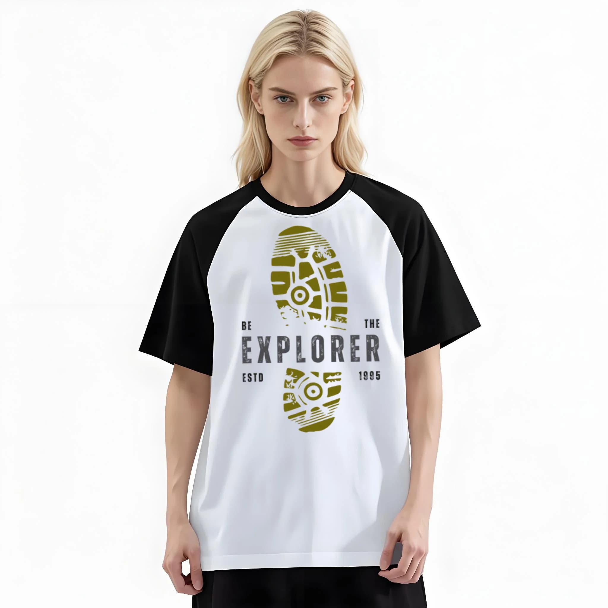 Women'S Fashion Raglan Sleeve T-Shirt, Be The Explorer Boot Footprint Outdoor Grunge Hiking Printed, Summer Casual Comfortable Tee, Women'S Everyday Short-Sleeve Top