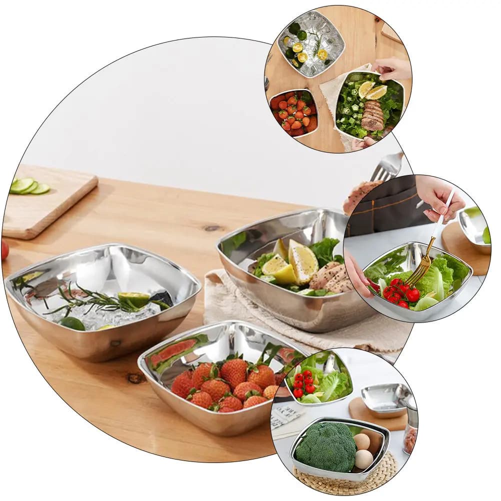 1Pcs Stainless Steel Square Seasoning Bowl Multifunctional Food Bowl for Salad Rice Soup Fruit Dried Fruits Vegetable Serving