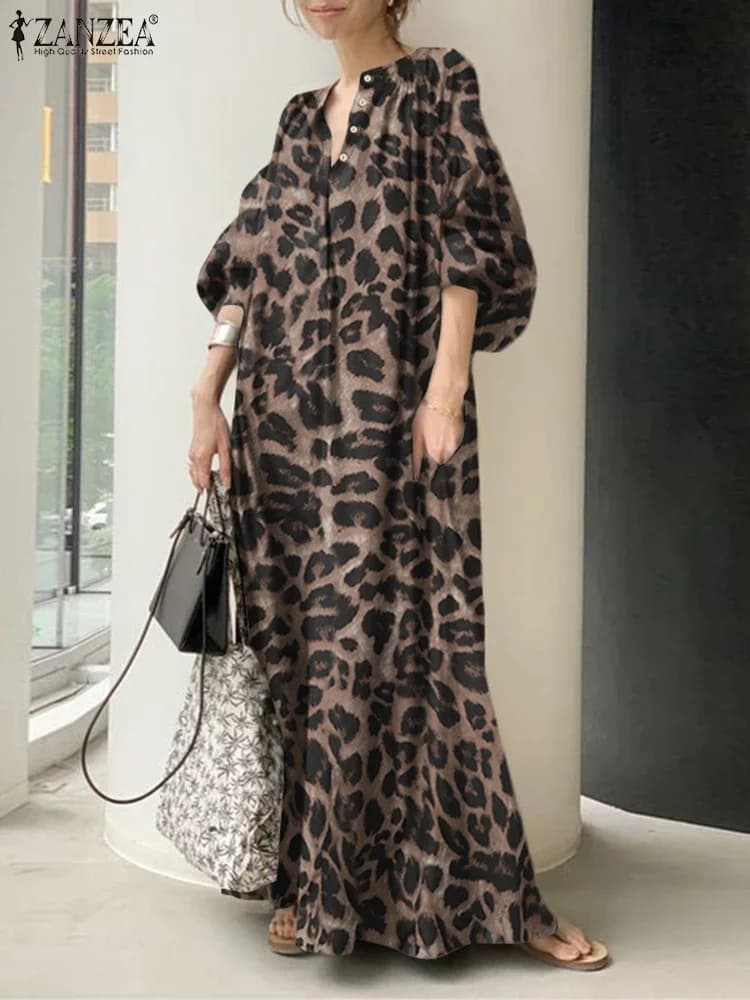 Women 2025 Summer Sundress Fashion Leopard Maxi Dress ZANZEA Casual Puff Sleeve Long Vestidos Female V Neck Printed Robe Femme