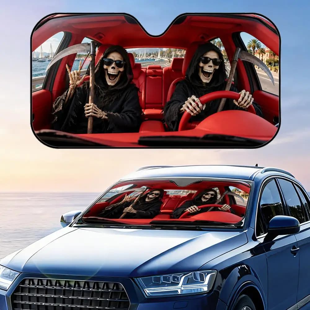 Divertente parabrezza per auto con Grim Reaper e falce, protezione solare UV, riflettente, pieghevole, isolante dal calore
