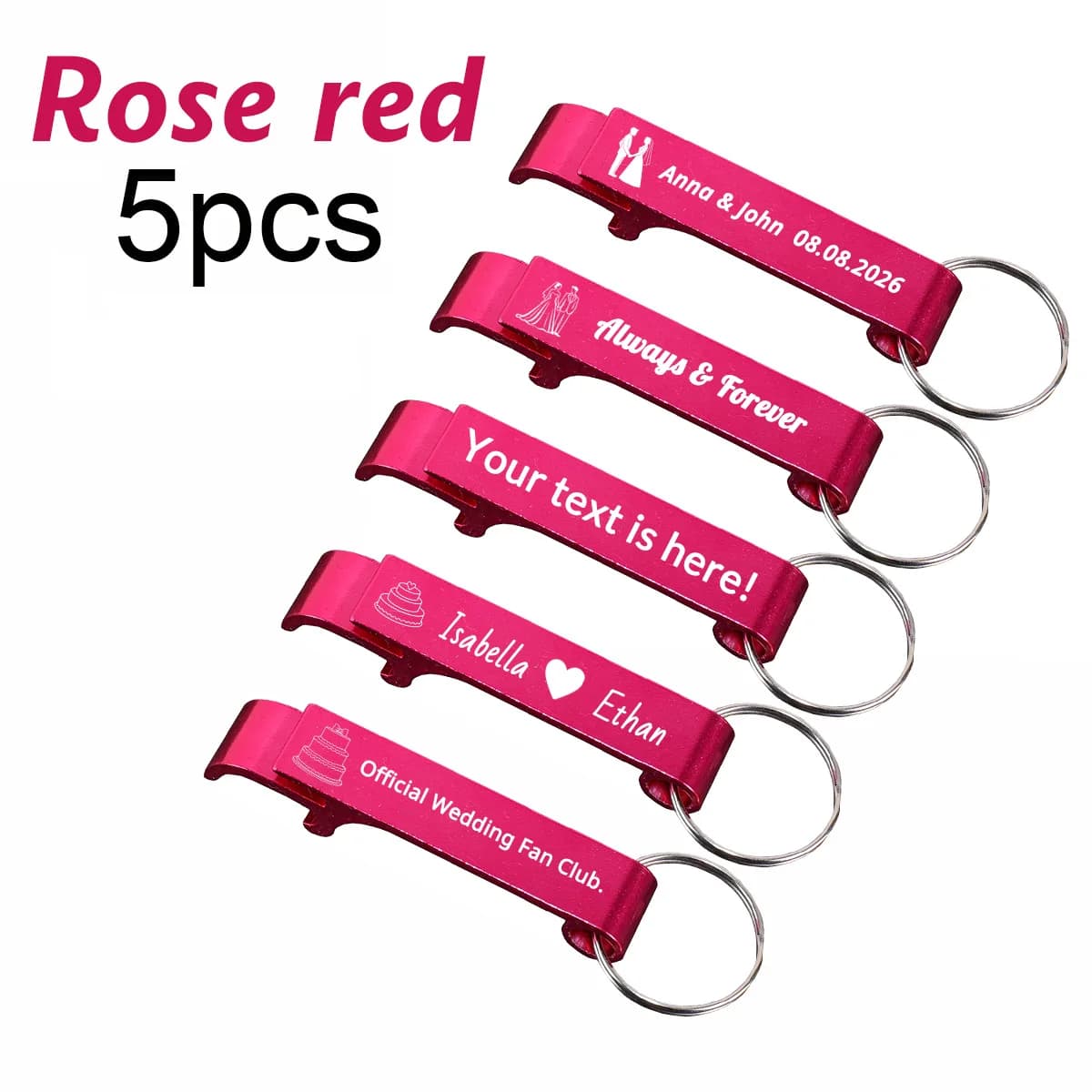 Set of 5 Custom Bottle Openers with Laser Engraving, Keyring with Custom Text, Wedding Gift