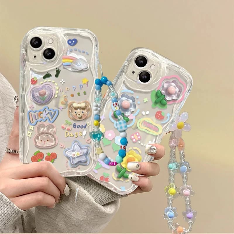 Custodia coreana con catena da polso fiore orso 3D carino per Samsung Galaxy S25 FE S26 Ultra Plus A57 A37 A17 A56 A07 A55 A36 A16 5G Shell