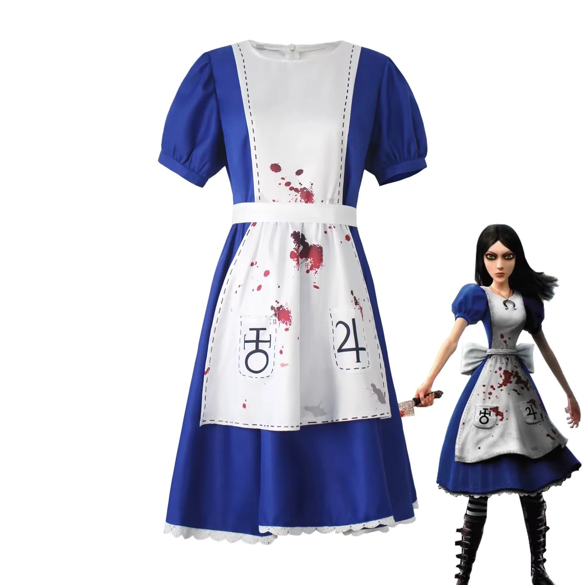 Alice Costume Cosplay Game Alice Madness Returns Halloween Necklace Lolita White Dress Strong cuts