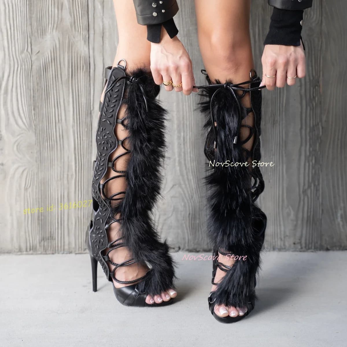 High knee boots in fur with open tip Cutouts Gladiator High heels Stringed sandals Booties Long festive boots black embroidered