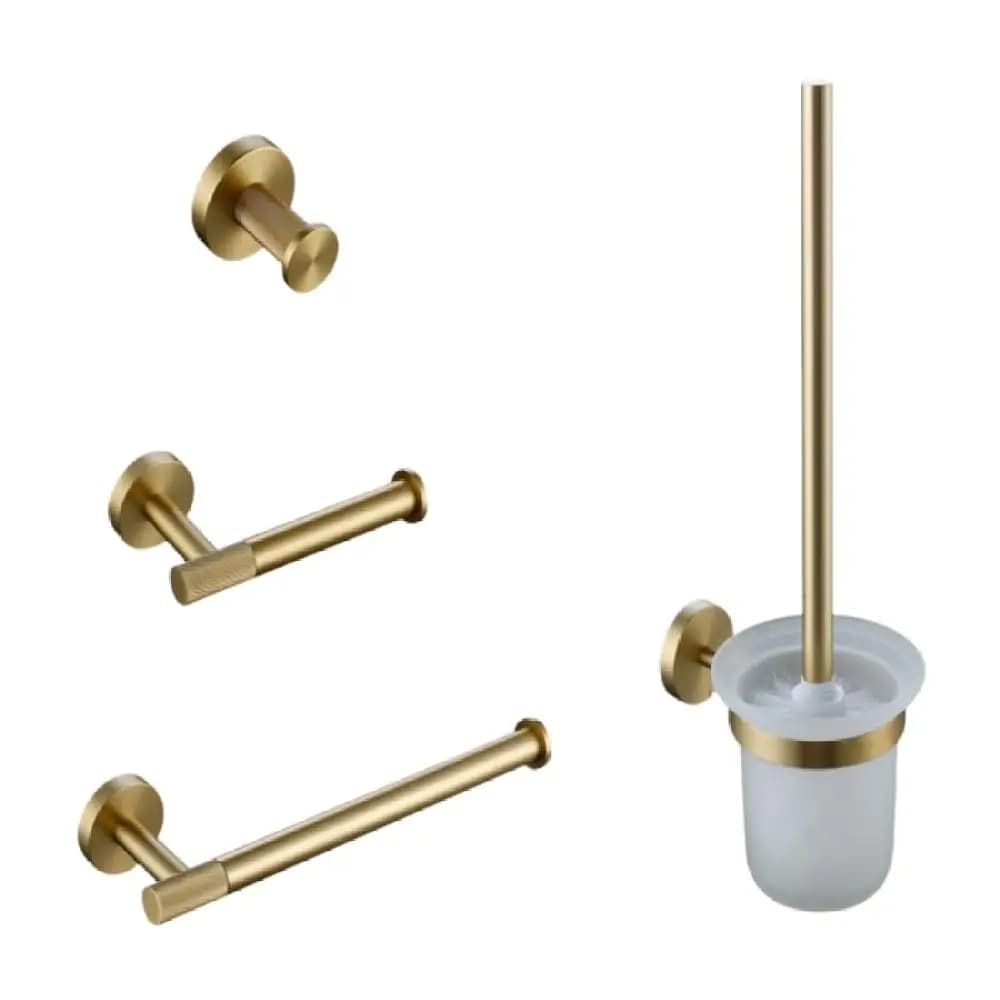 Set di Accessori Bagno in Ottone Spazzolato Oro Zigrinato: Portasciugamani, Anello Portasciugamani, Gancio Porta Accappatoio, Porta Carta Igienica, Scopino WC, Personalizzabile