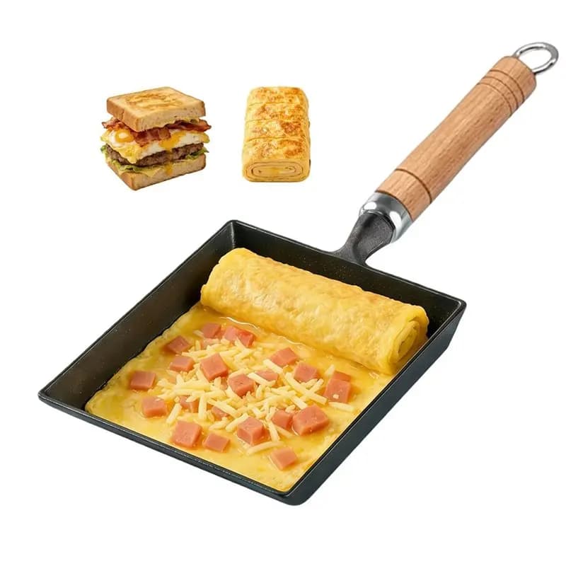 AAAN-Pentola Giapponese per Omelette, Padella in Ghisa per Tamagoyaki, Padella per Alimenti con Manico in Legno, Rettangolare per Colazione e Sandwich