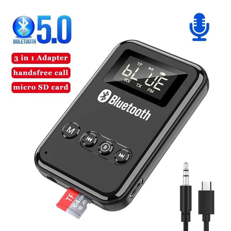 Ricevitore Bluetooth Trasmettitore Adattatore wireless Bluetooth 5.0 Jack da 3,5 mm AUX FM Kit per auto Chiamata in vivavoce e microfono per PC TV Altoparlante