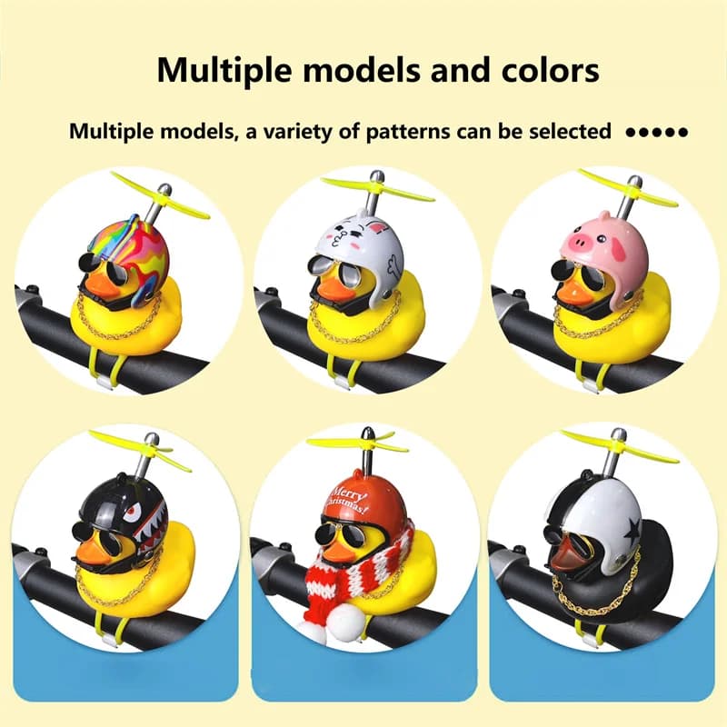 Bike helmet with air screw for small yellow duck, standing, broken duck, wind duck, bike engine, riding, cycling, bicycle accessories