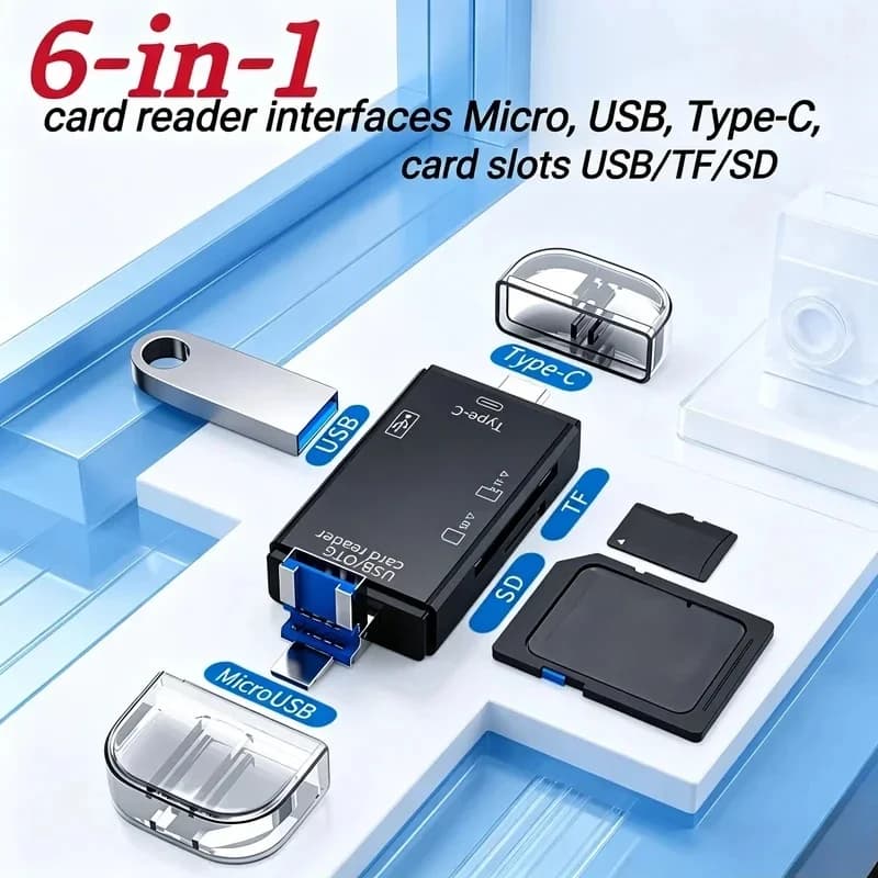 6-in-1 Type-C USB, TF, SD card reader, flip-top Micro adapter, suitable for smartphones, computers,