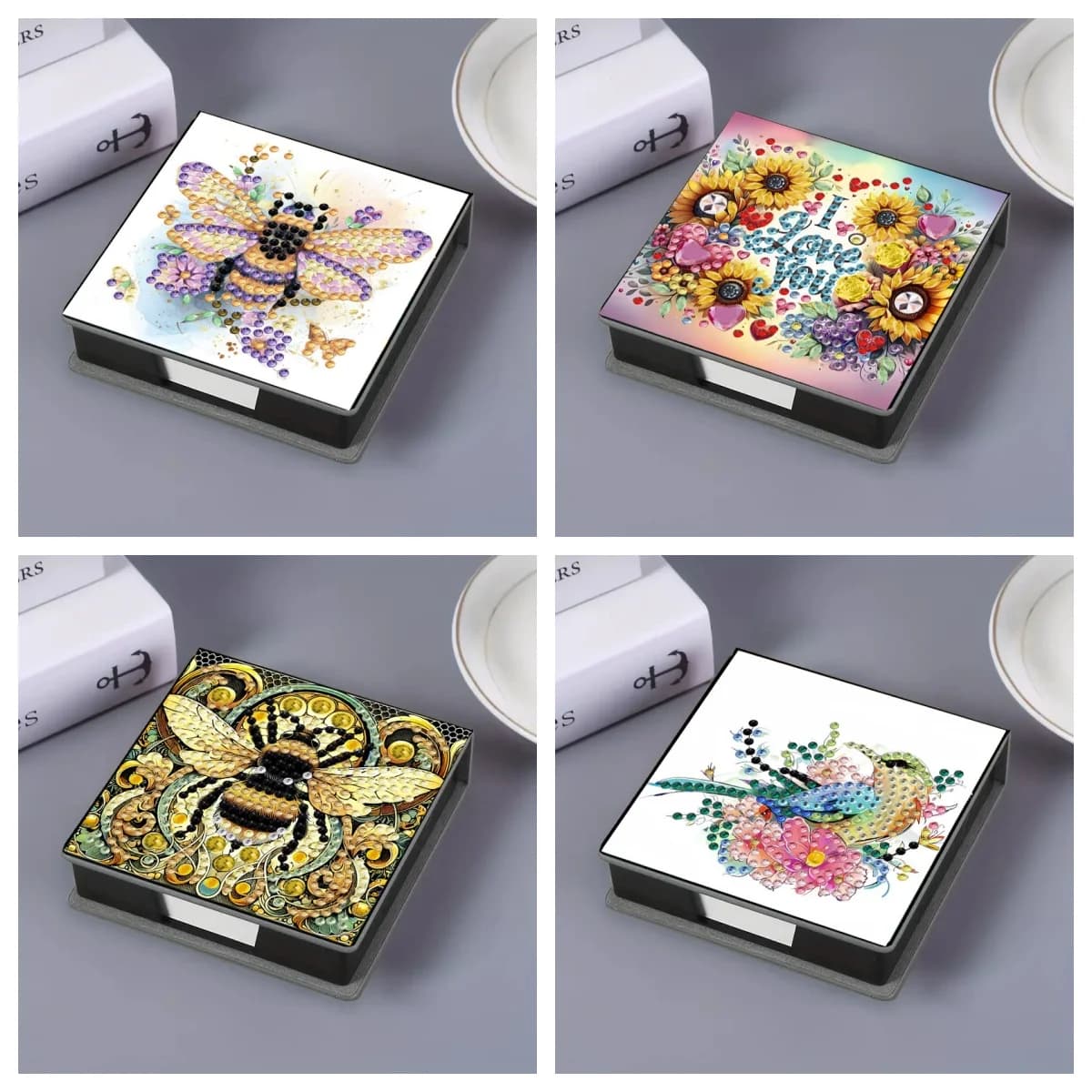 1 pz scatola portaoggetti in carta per appunti dipinta a forma di diamante animale fai da te, porta note con strass di cristallo, accessorio da scrivania per ufficio domestico dell'organizzatore