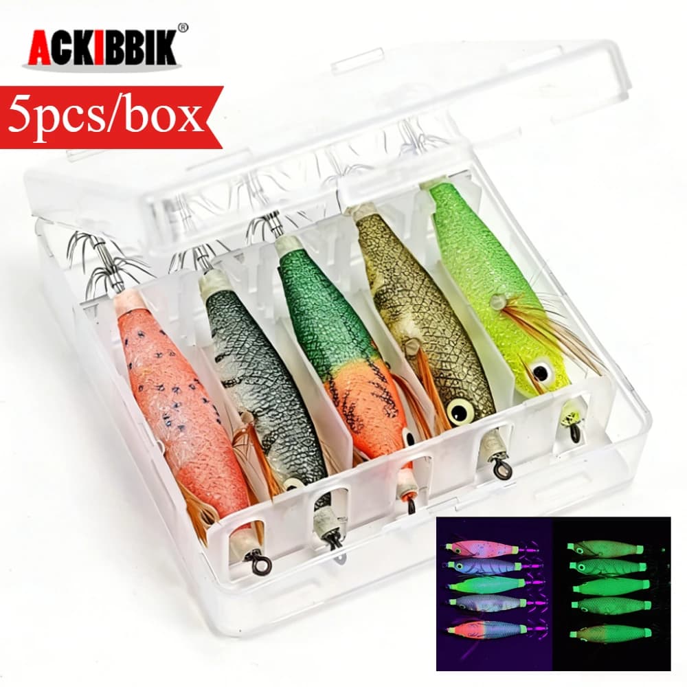 ACKIBBIK Set of 5 Luminous Esche Orizzontali for Calamari, Esche a Forma di Gamberetto in Legno che si Illuminano al Buio per Polpi e Seppie con Boxa Porta Attrezzi