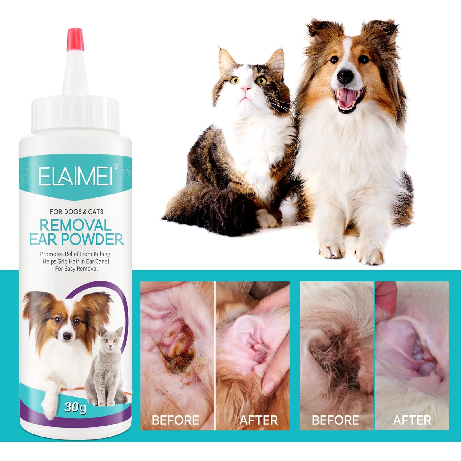 Polvere per orecchie per animali domestici Polvere per depilazione indolore per cani e animali domestici Strumento per la pulizia dell'orecchio Polvere per lavare l'orecchio per rimuovere i peli dell'orecchio 30g