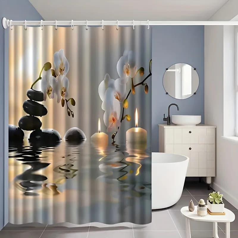 1pc Zen Orchid Stone Pattern Printed Shower Curtain, High-End Elegant Bathroom Shower Curtain, Durable Polyester Fiber - Multipl
