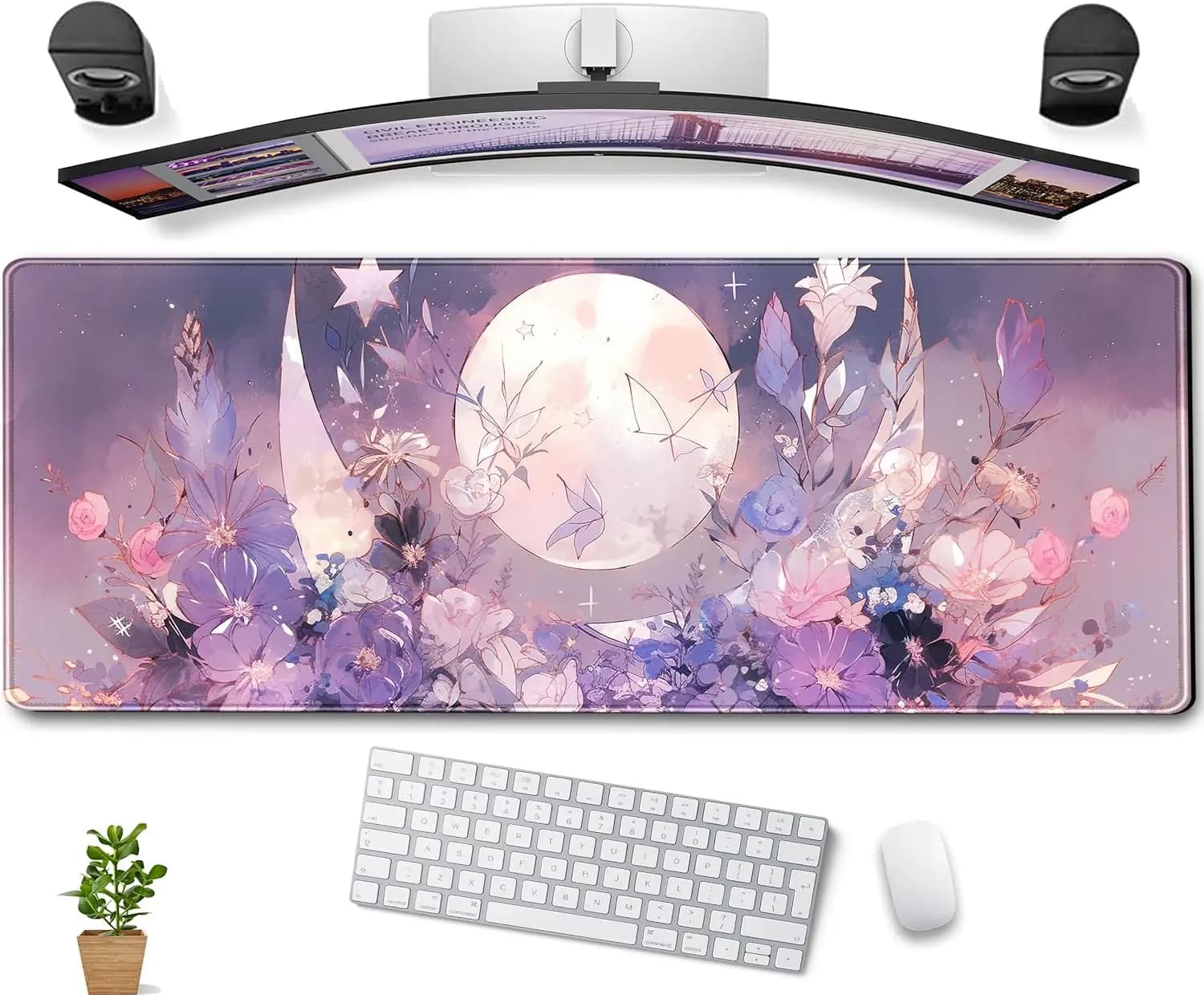 Cool Kawaii Pastel Purple Floral Big Game Mouse Mat Spiritual Full Moon XL Mouse Mat for Women Office Decorations 31.5'''x11.8''