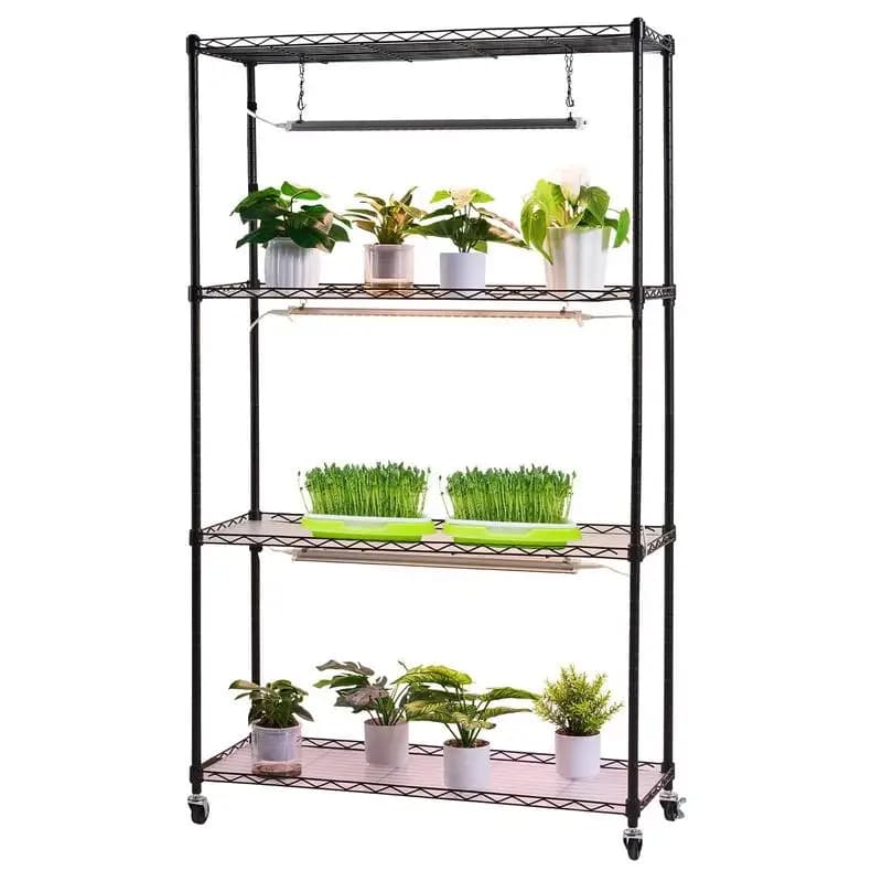 Scaffale per Piante con Luce di Crescita, Espositore a 4 Livelli per Piante da Interno, Scaffale Alto 150 cm con Ruote, Luci di Crescita a Spettro Completo a 3 Colori da 90W, Portavasi in Metallo Resistente per la Germinazione dei Semi