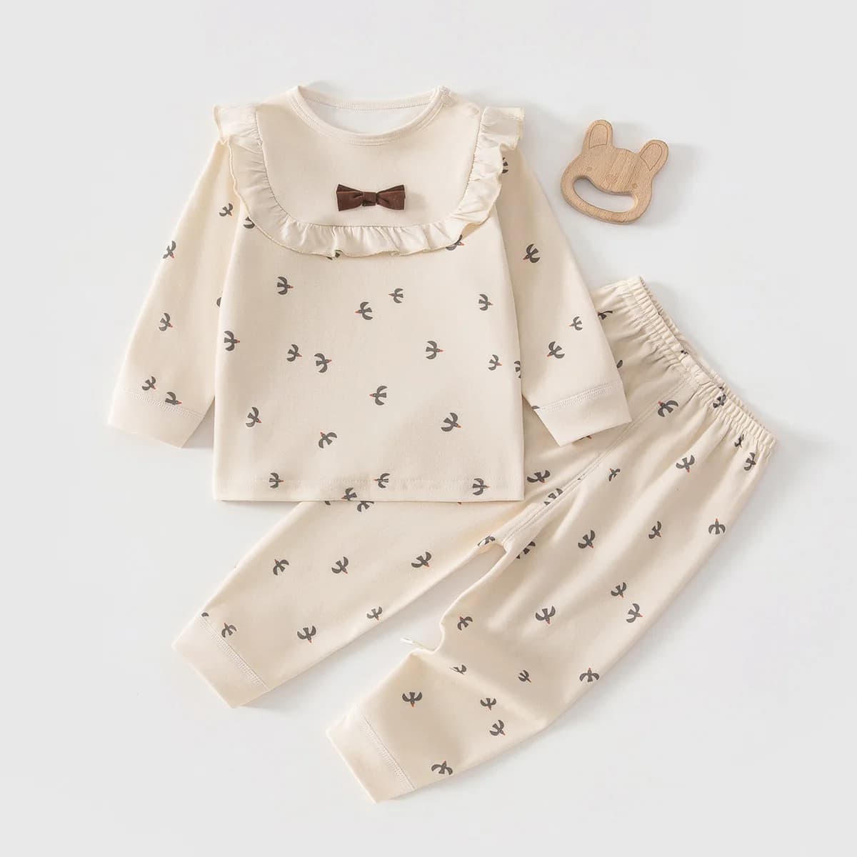 Newborn Baby Girls Pure Cotton Pajamas Cute Cartoon Long Sleeve Sweet Lace Neck Soft Tops + Pants Toddler Spring Clothing Sets