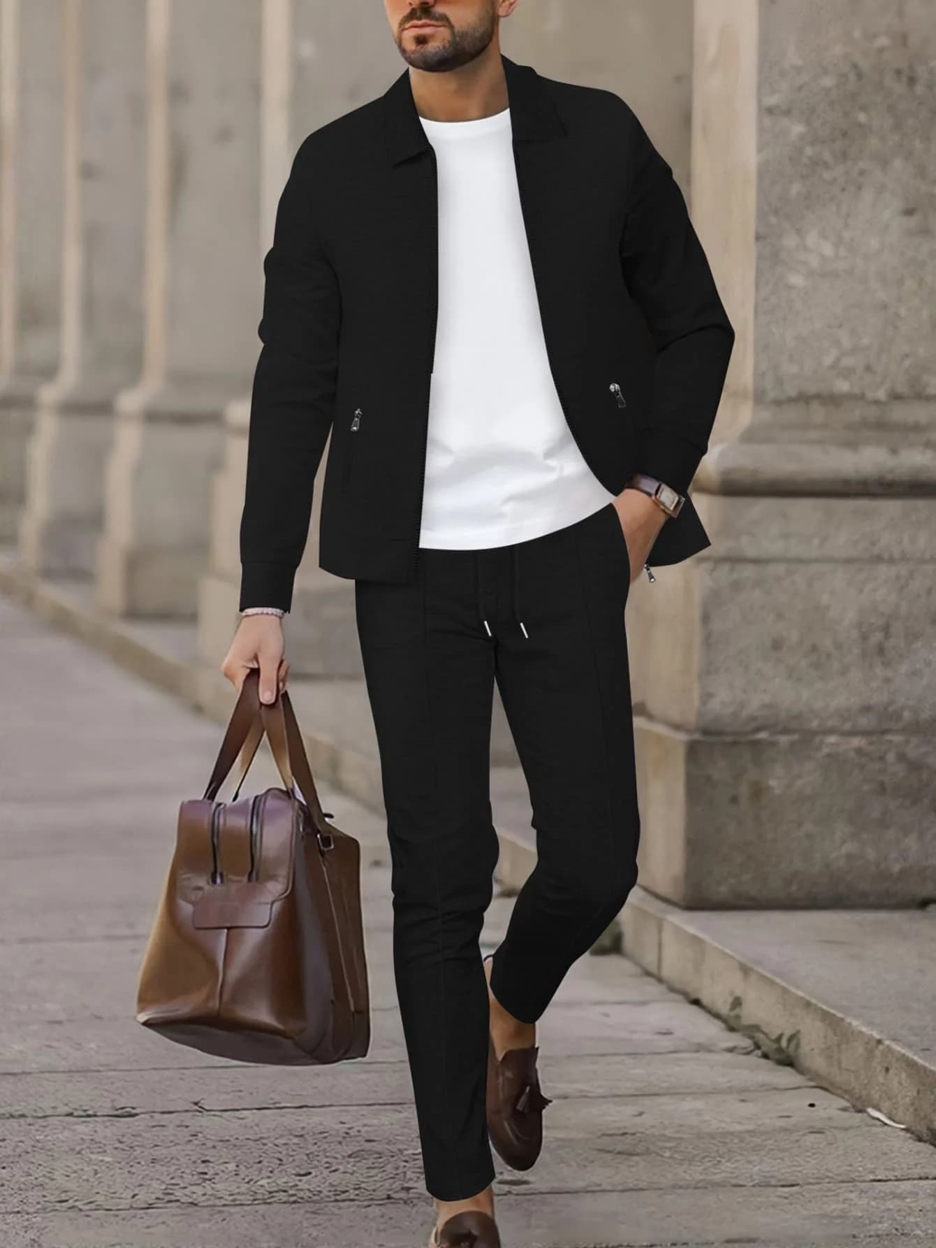 Men 2 Piece Waffle Tracksuit Regular Fit Lapel Zip Jacket Drawstring Pants Casual Polyester Outfit Autumn Winter Multi Colors