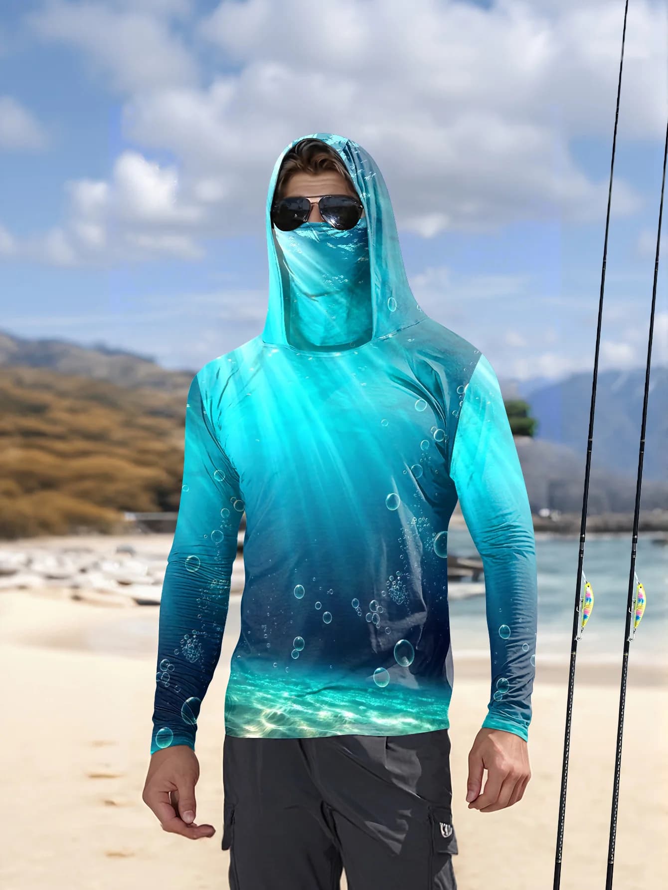T-shirt a maniche lunghe da uomo con protezione solare, giacca con cappuccio, maschera protettiva, top a maniche lunghe monopezzo per esterni