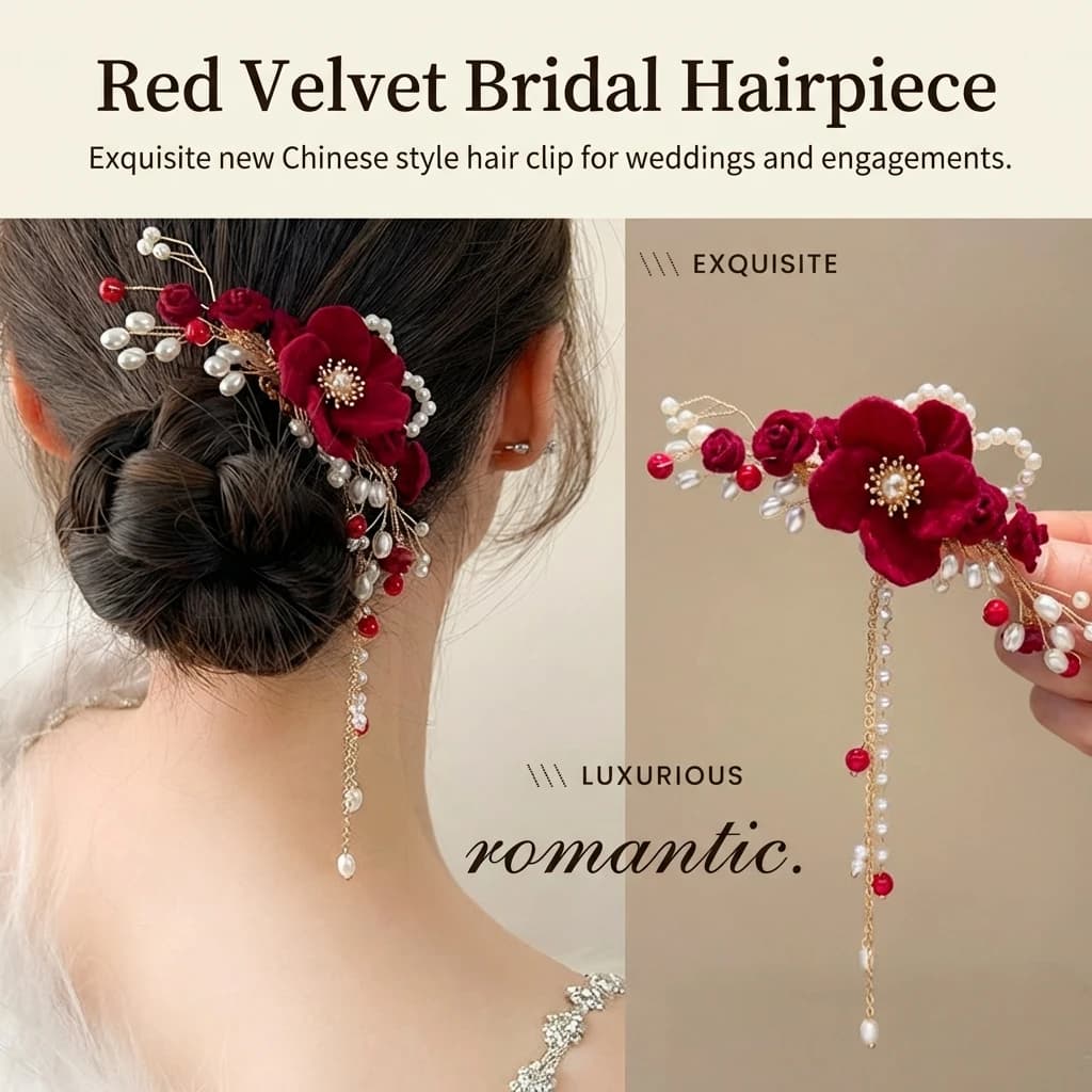 Nuovo Fermaglio per Capelli da Sposa in Stile Cinese con Fiore Rosso, Perle e Nappa Pendente - Elegante Accessorio Gioiello per Capelli da Fidanzamento