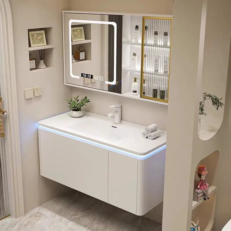Custom Modern Bathroom Vanity With Seamless Integrated Sink LED Mirror Cabinet Luxury Bathroom Cabinets
