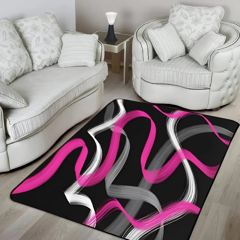 Hot Pink and Gray Black Geometric Striped Area Rug, Non-Slip Modern Abstract Accent Carpet, Decorative Indoor Floor Mat