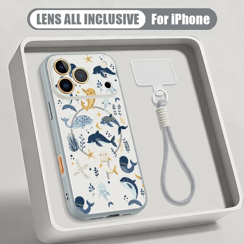 Custodia per telefono con cordino magnetico a tema animali marini per iPhone 17 Pro Max 16 15 14 13 Pro Max, compatibile con ricarica wireless MagSafe, cover rigida