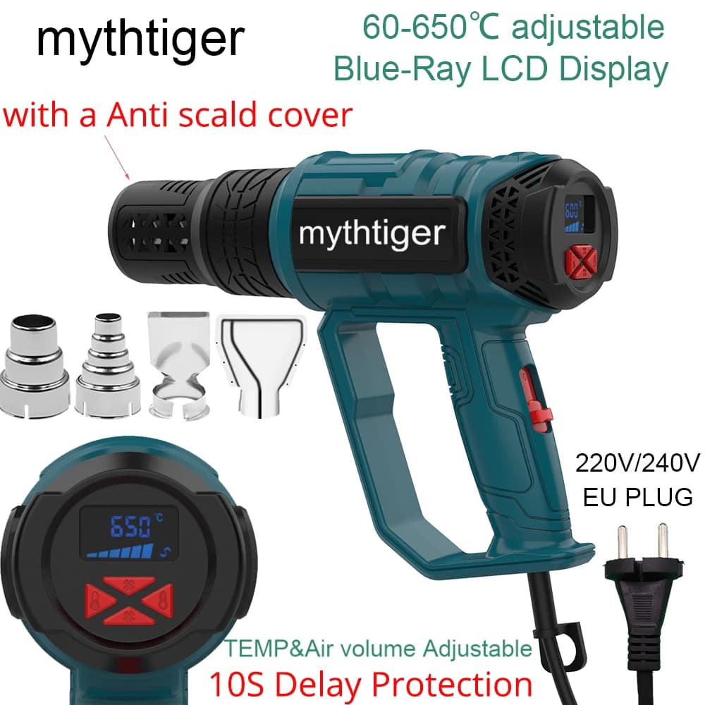 2000W 220V spina ue pistola ad aria calda elettrica industriale termoregolatore pistole termiche LCD avvolgimento termoretraibile riscaldatore termico ugello pala
