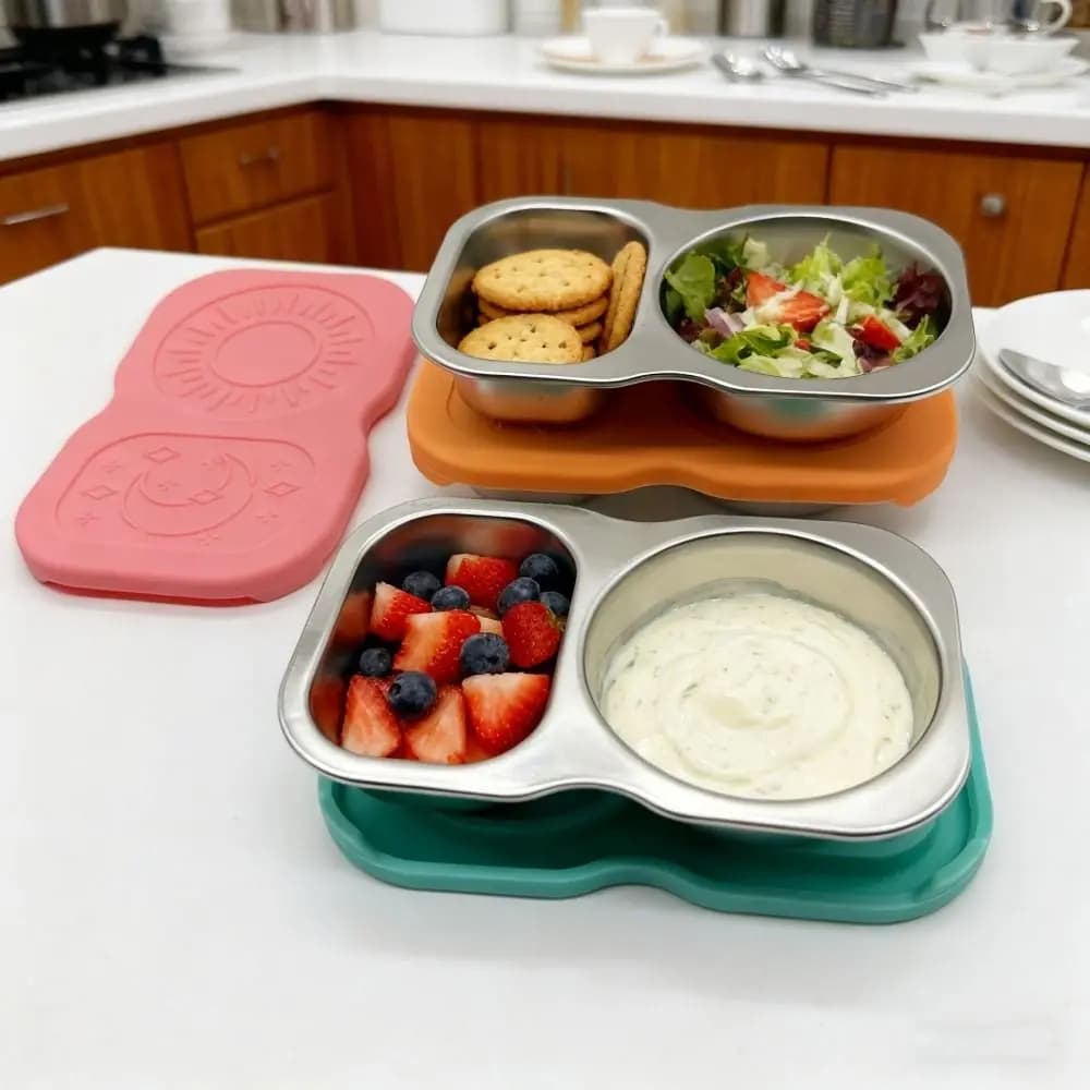 Contenitori per Salse in Acciaio Inox con Doppio Scomparto, Ermetici, con Coperchio in Silicone, Scatola per Snack da Picnic
