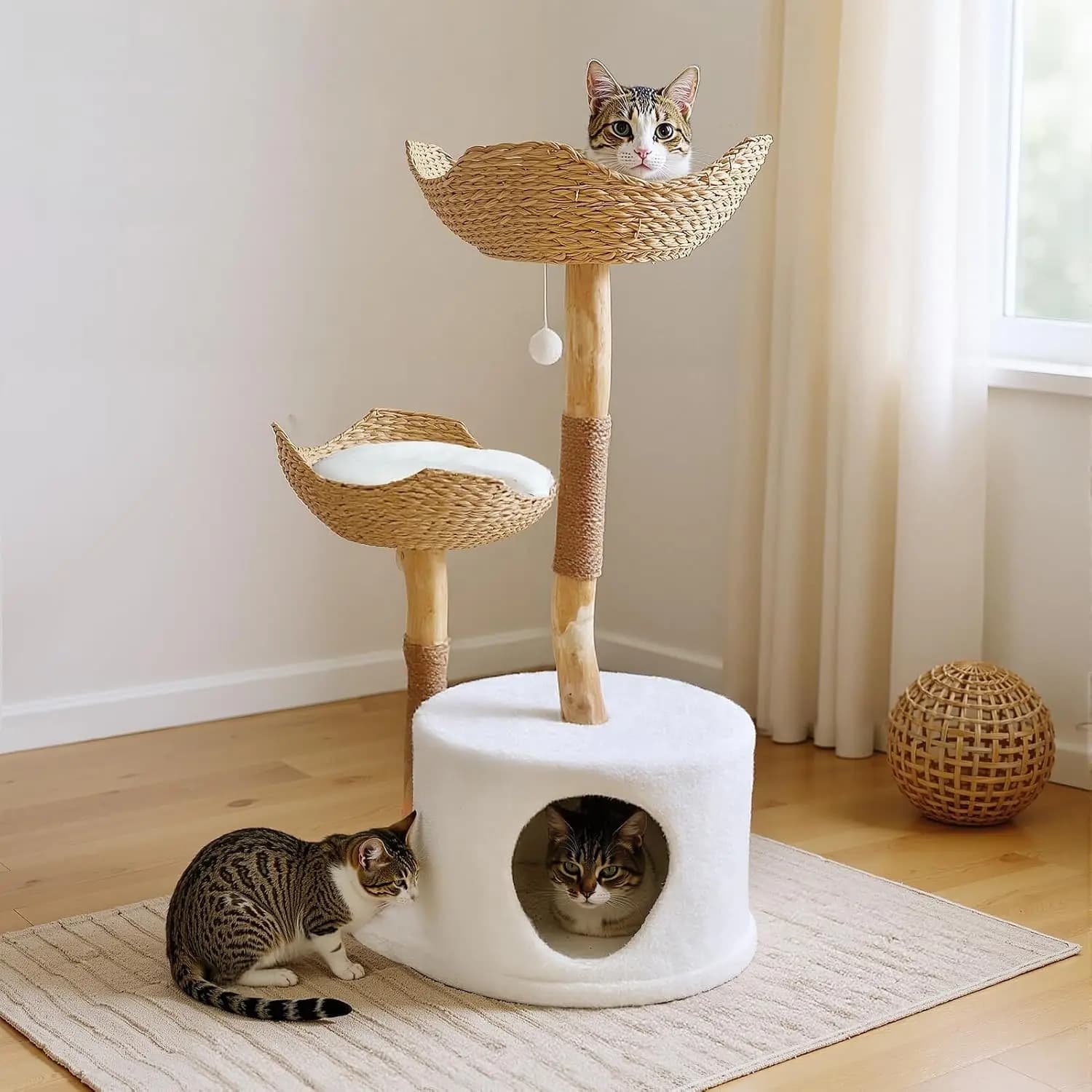 Mau Cat Tree 46" Branch Condo Indoor Cats 2 Baskets Scratch Post Climbing Hiding Enclosure, Customized