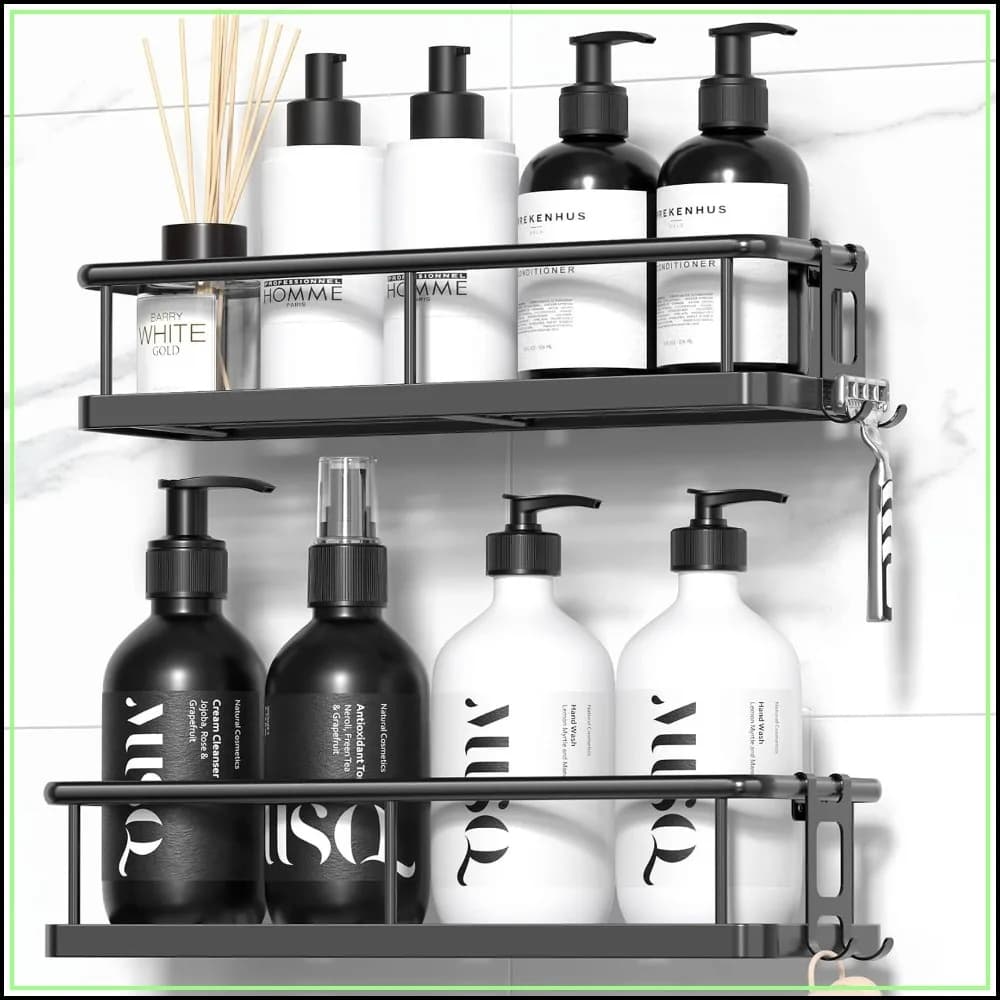 Heavy Duty Shower Caddy, 40LB Adhesive No Drill, Rustproof Stainless Steel, Large Capacity Shelves for Inside Shower, Bathroom Organizer (2 Pack Black)