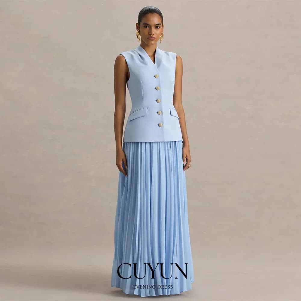 CUYUN Abito da sera personalizzato chic azzurro cielo con scollo a V senza maniche giacca monopetto pieghettato lungo abito da ballo cena festa
