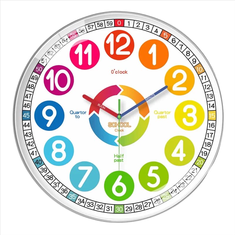 Per orologio da parete per bambini, strumento didattico per bambini, funzionamento a batteria, senza ticchettio, perfetto per la cameretta dei bambini e la sala giochi