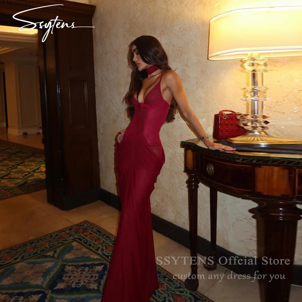 SSYTENS Burgyndy Abito da ballo in chiffon Affascinante sirena in pizzo Abiti da cerimonia per invitati di lusso 2026 Abiti da sera senza schienale personalizzati