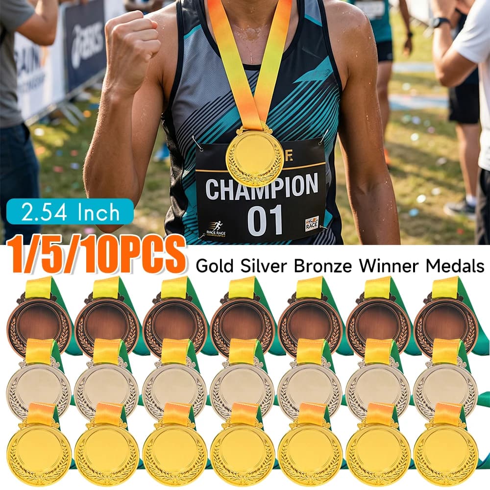Gold, silver and bronze medals of 1-10 pieces with ribbon, prize medals for winners, prizes for football matches, sports souvenirs school