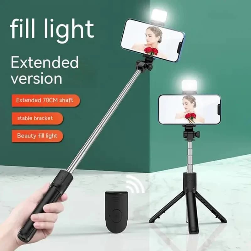 Porta selfie portatile Bluetooth retrattile multifunzionale 740mm supporto per telefono treppiede con luce selfie otturatore remoto wireless R1