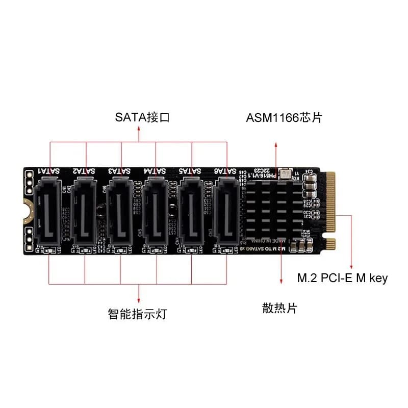 M.2 M-Key to 5-Port SATA 3.0 Expansion Card, PCIe SATA Storage Adapter for NAS