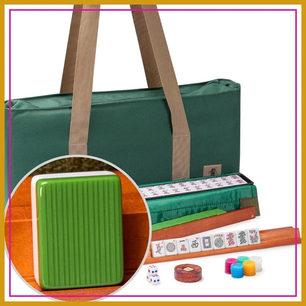 Set Mahjong Americano con 166 Tessere, Valigetta Verde Minerale - 4 Supporti con Spingitessere, Monete, Dadi, Indicatore del Vento