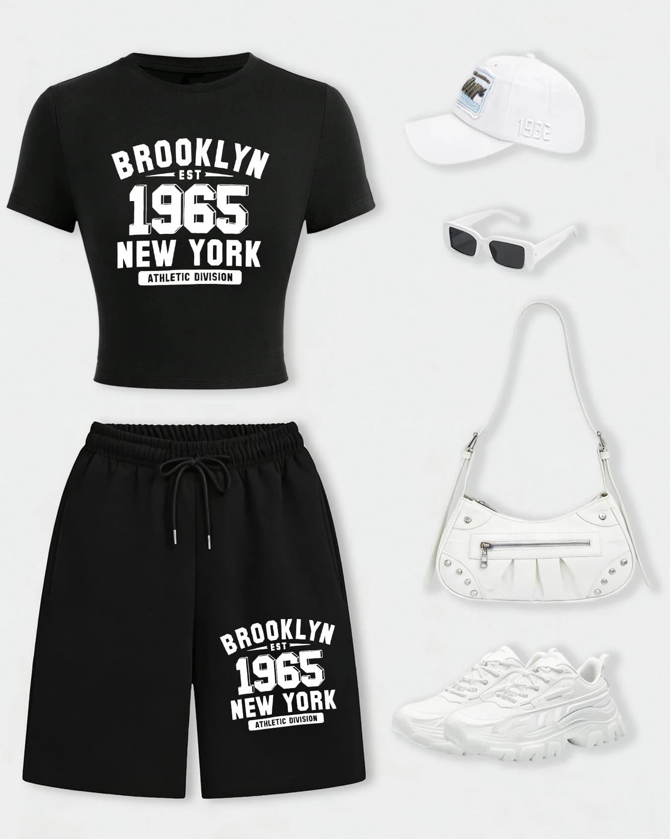 Women's T-shirt with print New York City Brooklyn 1965, slim summer cotton suit with short t-shirt and wide leg shorts with drawstring and pockets