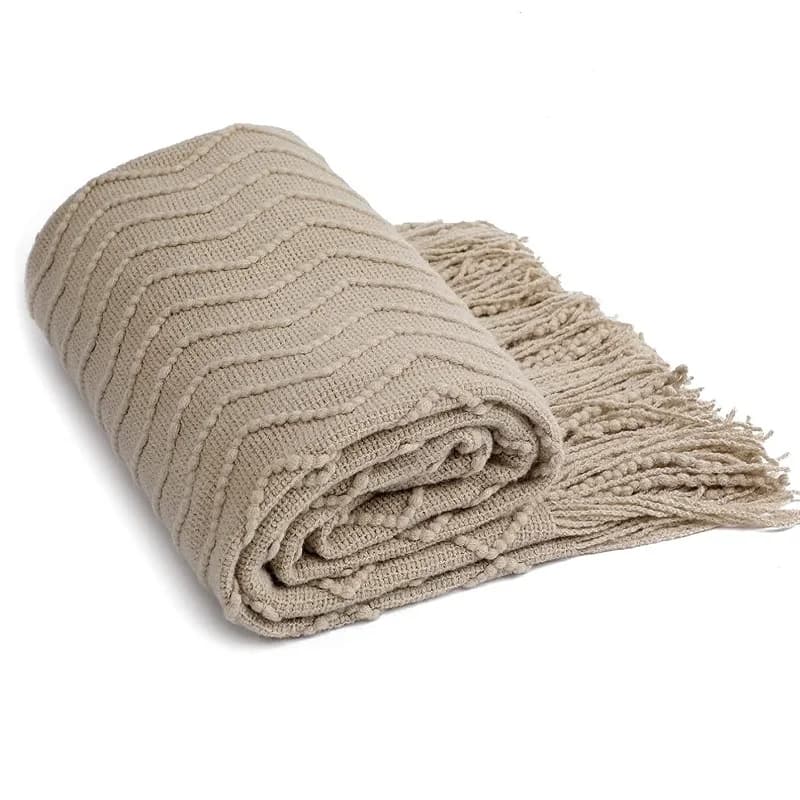 Coperta in maglia Khaki Wave, morbida e decorativa, con nappe, ideale per divano e arredo casa