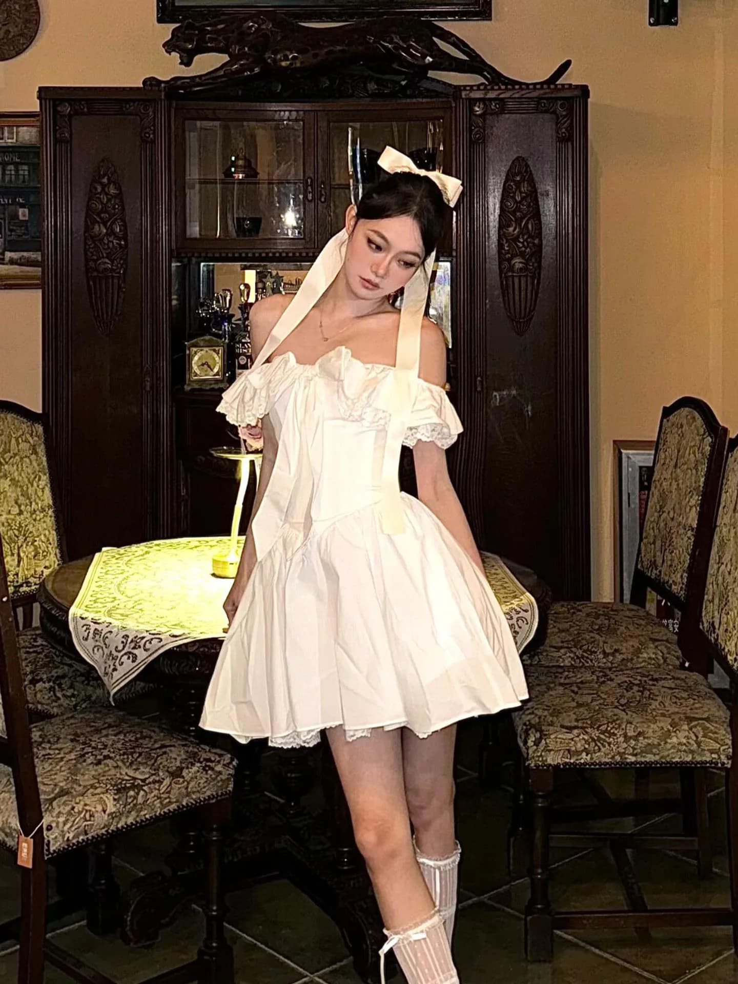 XZY Abito da donna taglie forti con pizzo, monospalla, gonna a trapezio con nodo in vita, casual, a vita alta, estivo