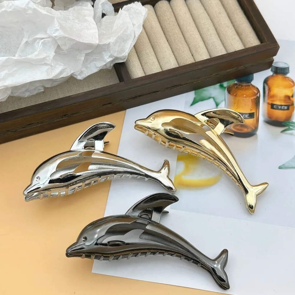1 Pezzo Fermaglio per Capelli Minimalista Metallico a Forma di Delfino/Squalo, Accessorio Moda Animale Marino per Capelli Spessi, Stile Estivo da Spiaggia