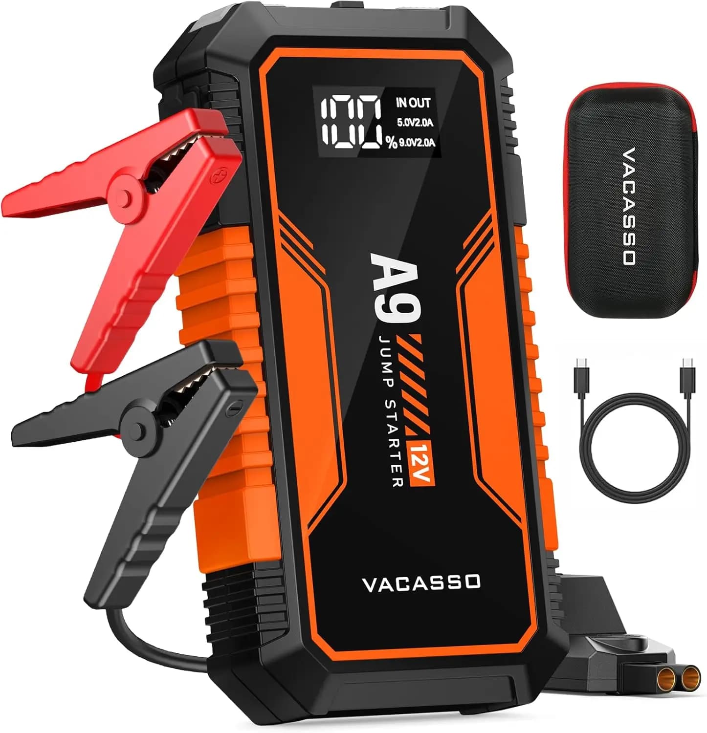 Jump Starter 4000A, booster batteria portatile 12V con USB, luce LED, cavi jumper, custodia